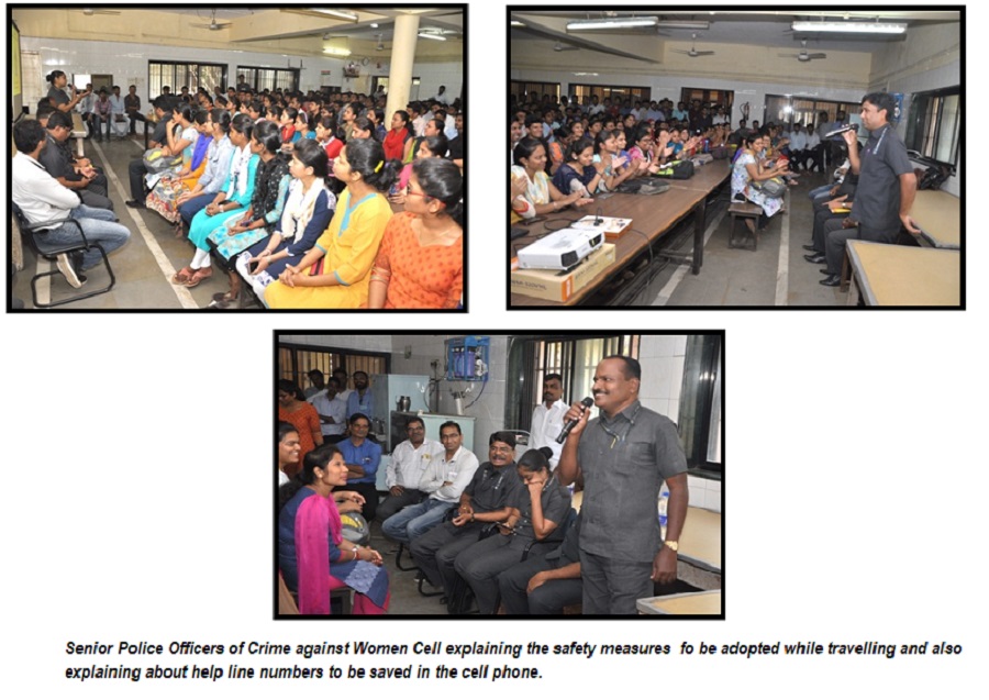Police Officers explaining the precautions to be taken while travelling alone to the girls trainees of NSTI Mumbai.
